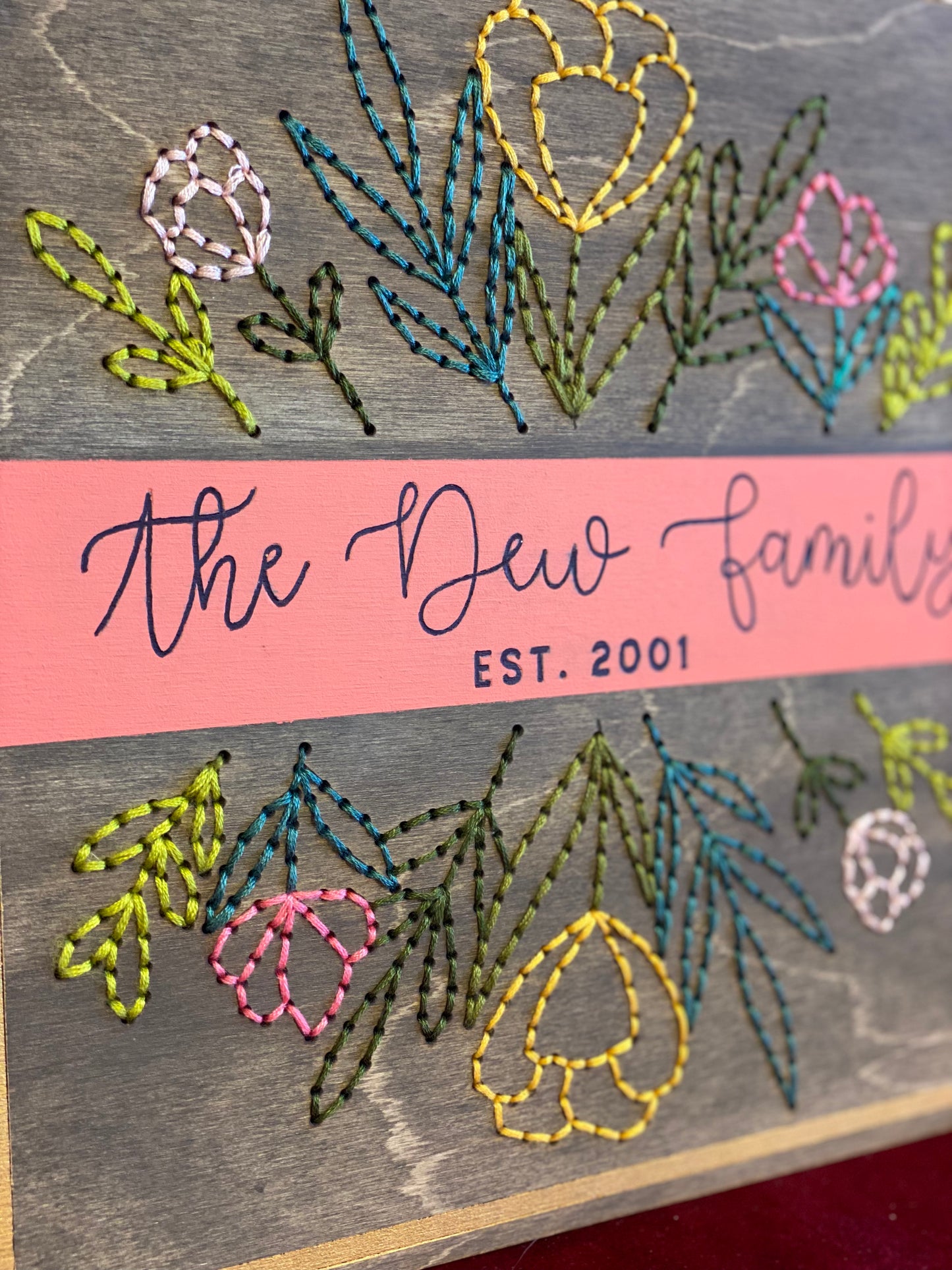Embroidery on Wood: Family Name & Floral